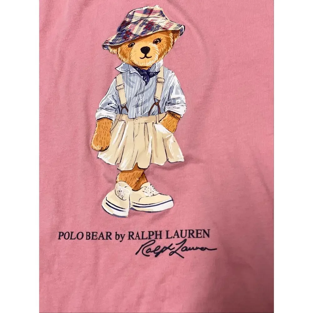 Polo Ralph Lauren Girls M 8-10 Pink Polo Bear Ruffle Hem T-Shirt Dress Cotton